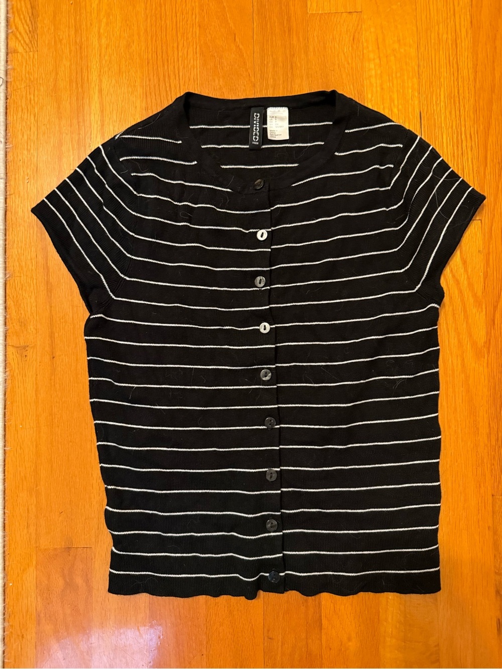H&M Black and White Striped Short-Sleeve Button-Up Top